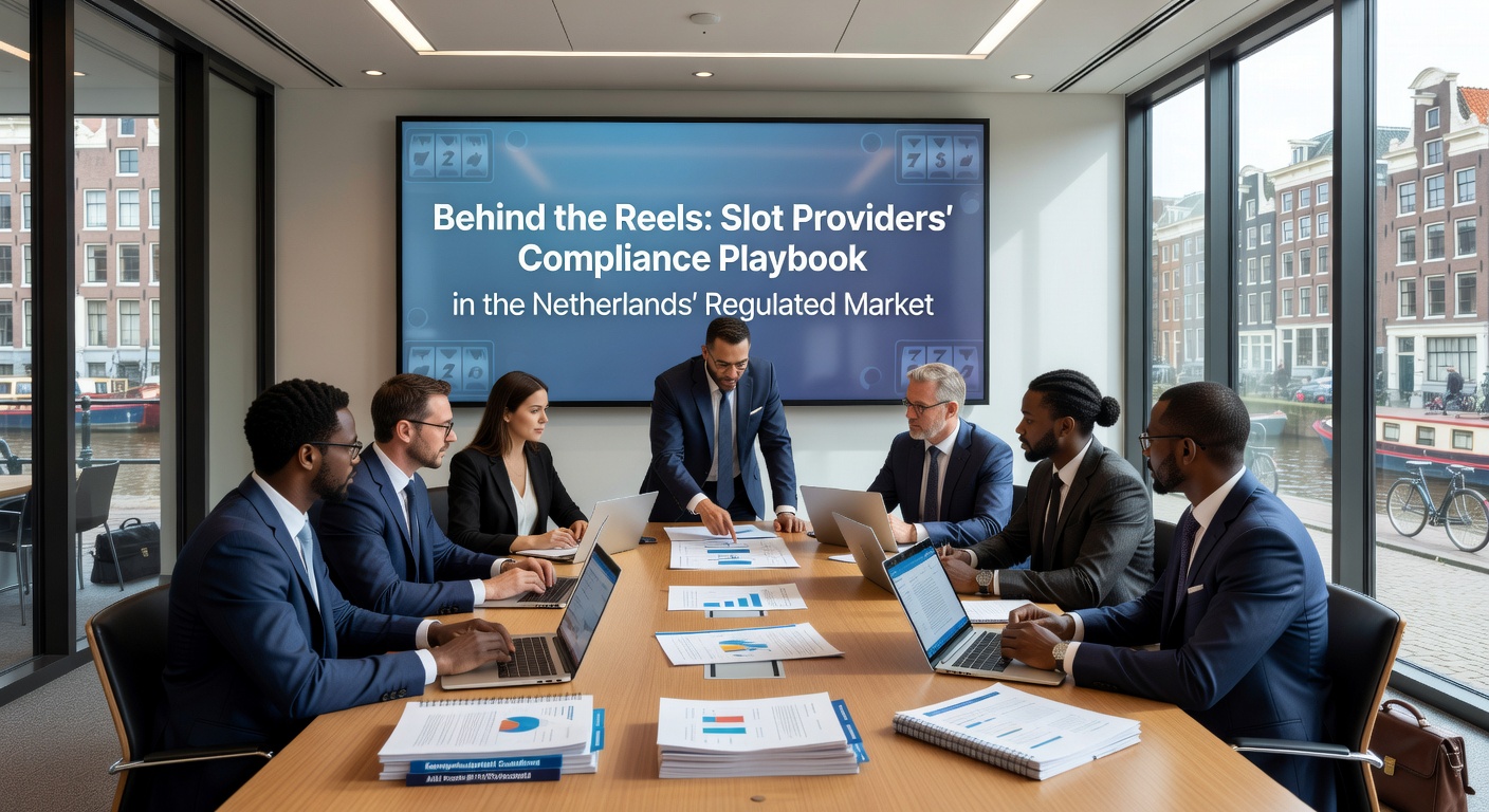 Compliance checklist voor slotproviders met iconen voor spelerlimieten, CRM-systemen en KSA-logo in een Nederlands casino-setting
