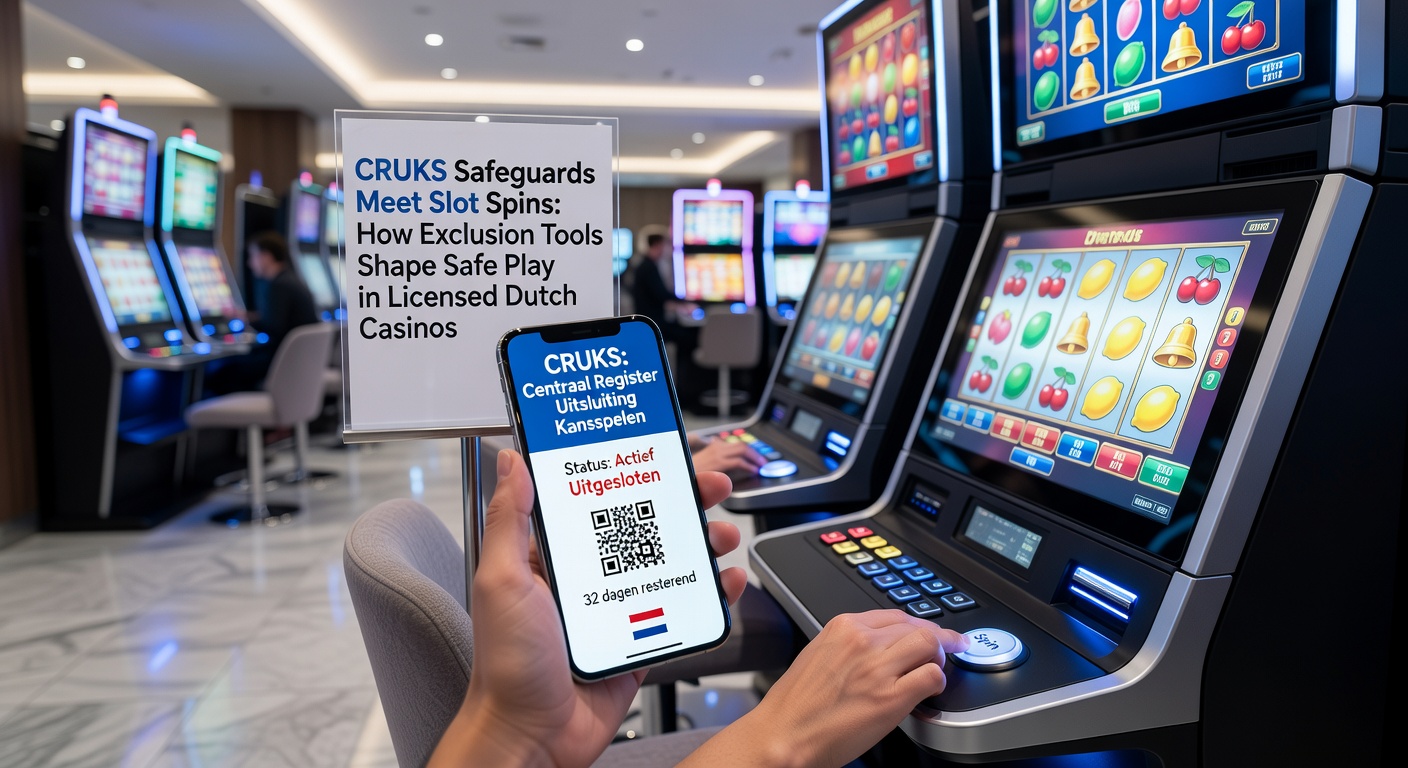 Schermafbeelding van het CRUKS-register met slotmachines op de achtergrond, symboliserend de intersectie van uitsluiting en online gokken