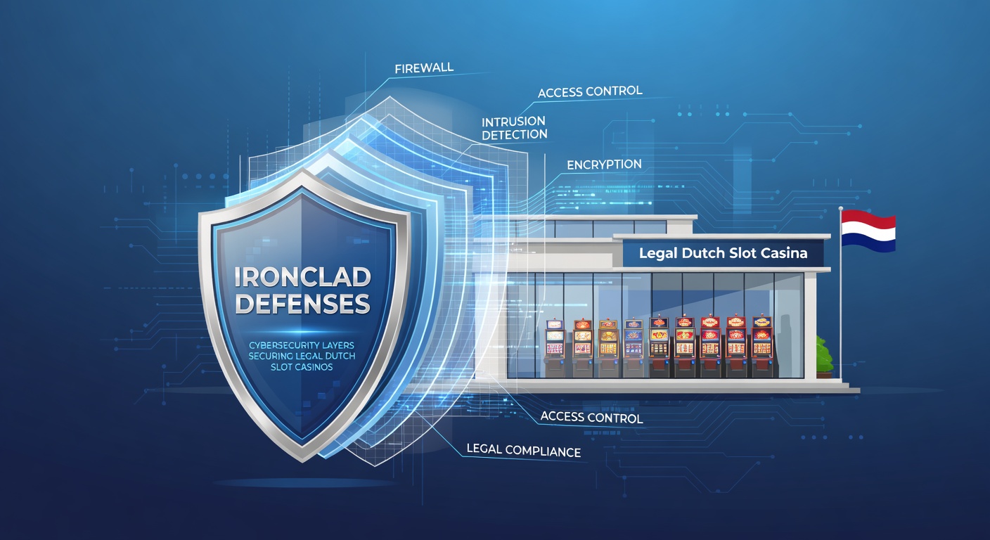 Gelaagde cybersecurity-architectuur met iconen voor firewalls, encryptie en monitoring in een Nederlands casino-context