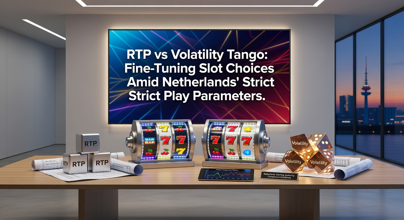 Grafiek die RTP en volatiliteit in slots vergelijkt, met Nederlandse vlag en slotrollen op de achtergrond