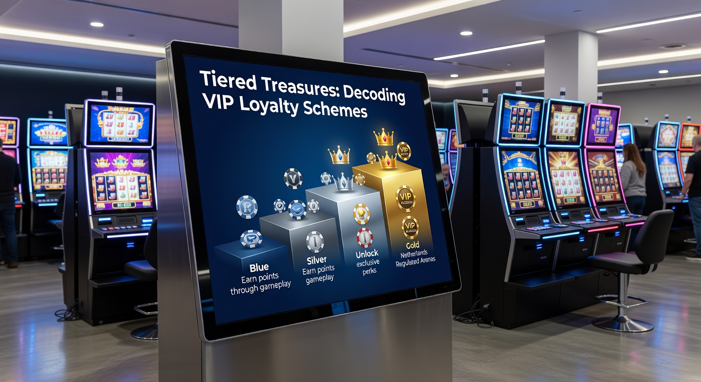 Grafische weergave van een tiered VIP-loyaliteitsstructuur met gouden trappen en beloningen in een Nederlands online slotcasino