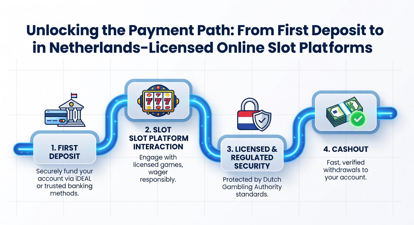 Overzicht van het betaalproces in een Nederlands gelicentieerd online casino, met pijlen van storting naar uitbetaling